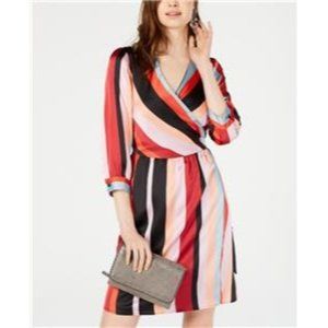 Bar III Reality Stripe Wrap Midi Dress Satin Lined Large